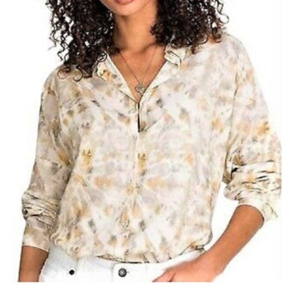 Johnny Was‎ Calme Tie Dye Rayon Button Down Shirt Tan Grey Small 014721A-4